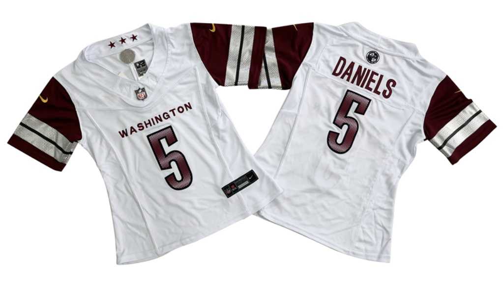 Women%27s Washington Commanders #5 Jayden Daniels White 2024 F.U.S.E. Draft Stitched Jersey
